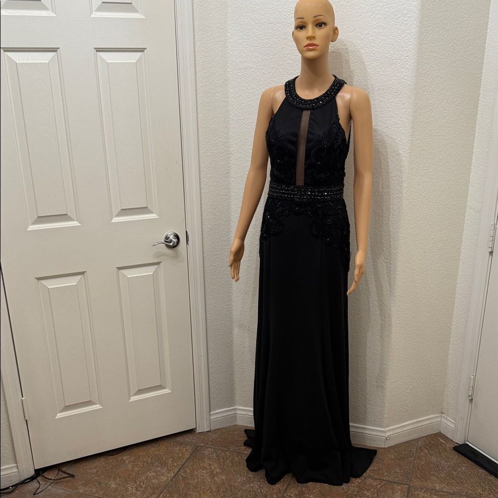 Sue Wong Black Maxi Dress Sz 6 Silky Appliquéd Beaded Sheer Backless Details